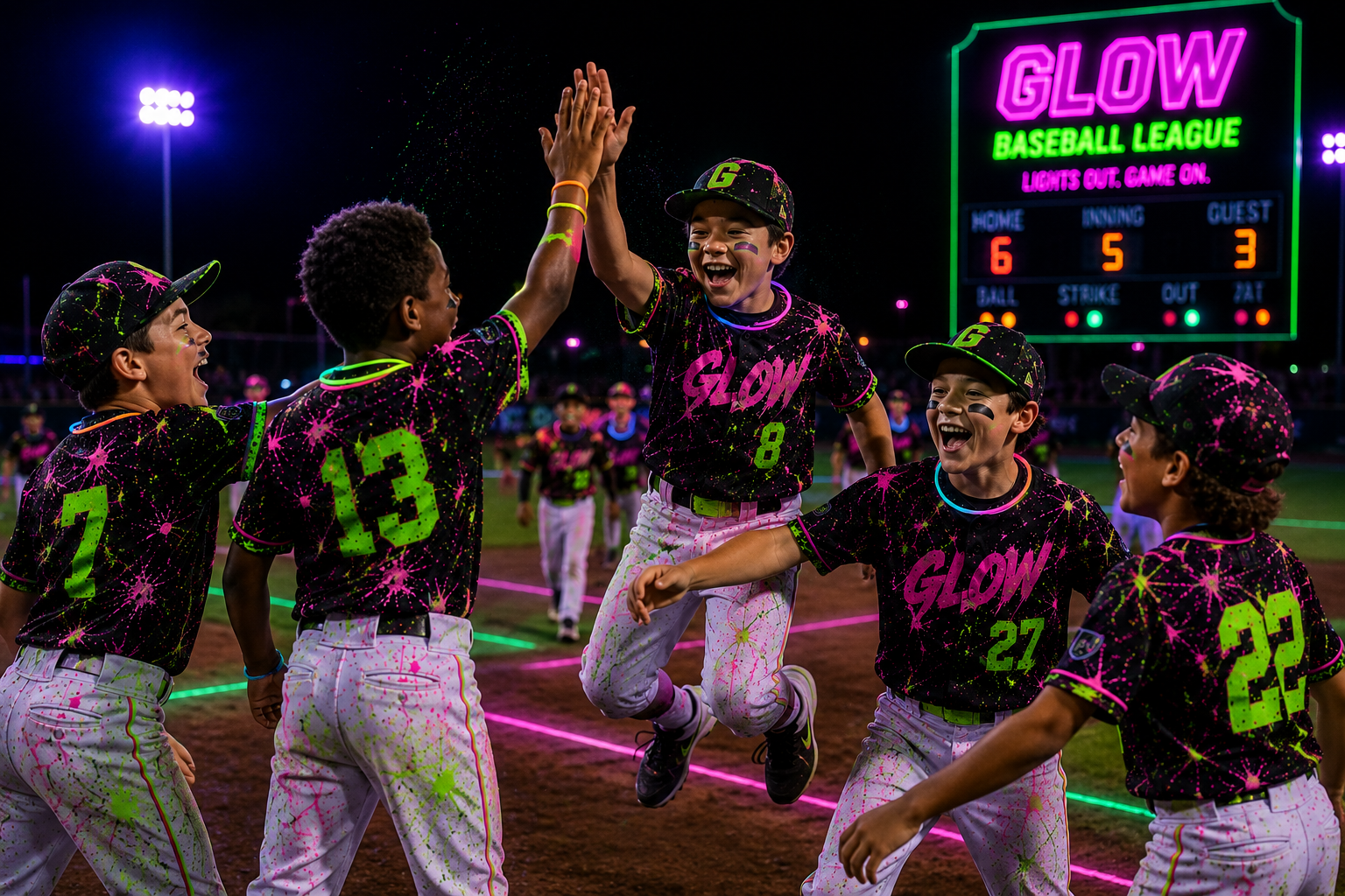 Youth baseball players celebrating in neon glow uniforms